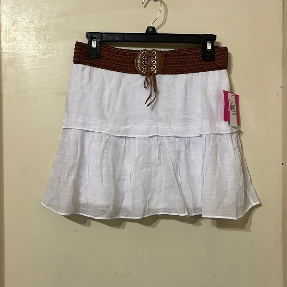 NWT XL Amy Byer Girls' Short Tiered Skirt with Novelty Waistband white